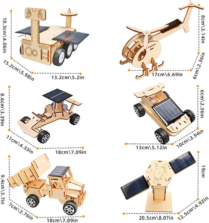 6-in-1 Solar STEM Building Kit, Wooden DIY Construction Set with Satellite, Helicopter, Cars, Educational Science Toy for Kids Ages 6-14 Years