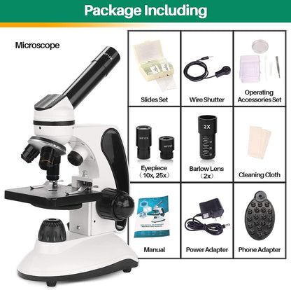 Microscope Kit for Kids Adults Students, 40X-2000X Compound Microscope with Prepared Slides, Dual LED Illumination, All-Glass Optics, Phone Adapter & Carrying Case for Beginners