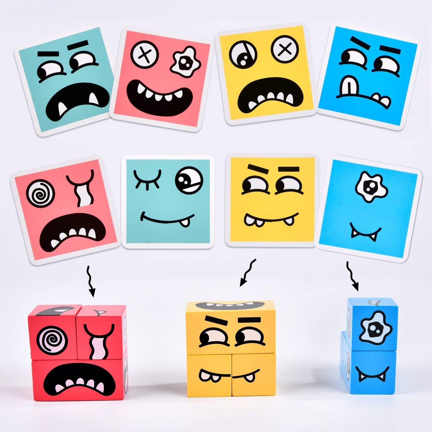 Wooden Face Changing Magic Cube Game, Expression Puzzle Building Blocks Pattern Matching Game, Educational Puzzles Toy Board Games for Kids and Adults with Bell