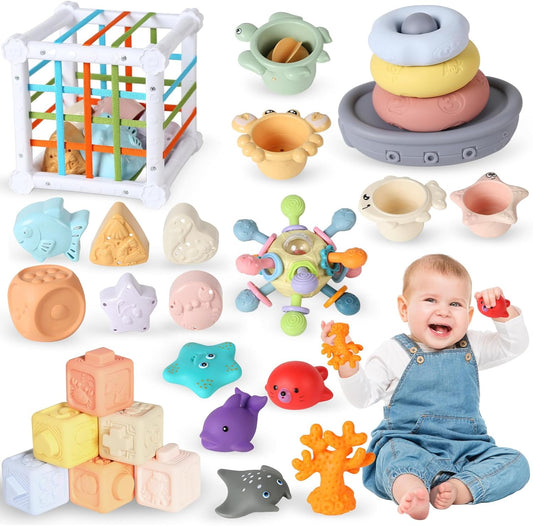 7-in-1 Montessori Baby Toys with Shape Sorter Sensory Bin, Stacking Cups, Soft Sea Animal Toys for 6-12-18 Months, Fun Bath Time Learning Developmental Toys Gifts for 1 2 3 Year Old Girls Boys