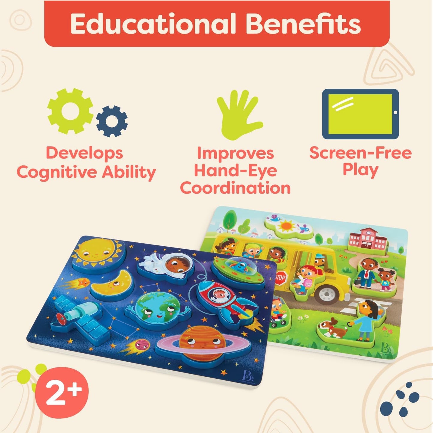 B. toys – Peek & Explore – School BusChunky Puzzle for Toddlers,Educational & Developmental Toys for Kids – 2+ Years