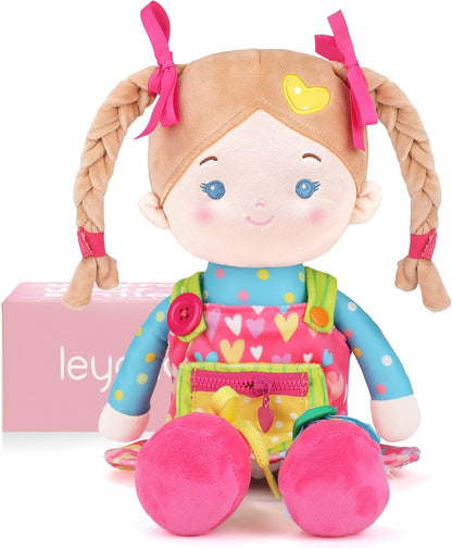 LeyaDoll Soft Bady Educational Soft Baby Doll(16''), Learning Sensory Doll for Toddlers, Montessori Toys for 2-Year-Old Girls Christmas, Birthday Gifts, Plush Doll with Button-Busy Cupcake-Girl
