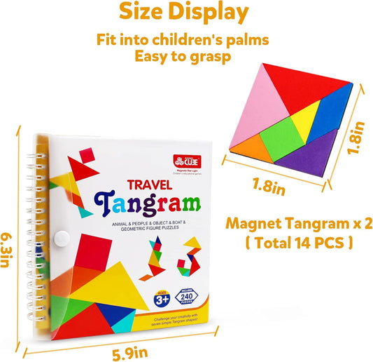 Travel Tangram Puzzle,Magnetic Puzzle Book Game Road Trip Game Jigsaw Shapes Dissection STEM Games with Solution IQ Educational Toy for Kid Adult Challenge Brain Teasers 240 Patterns(2Pcs Tangrams)