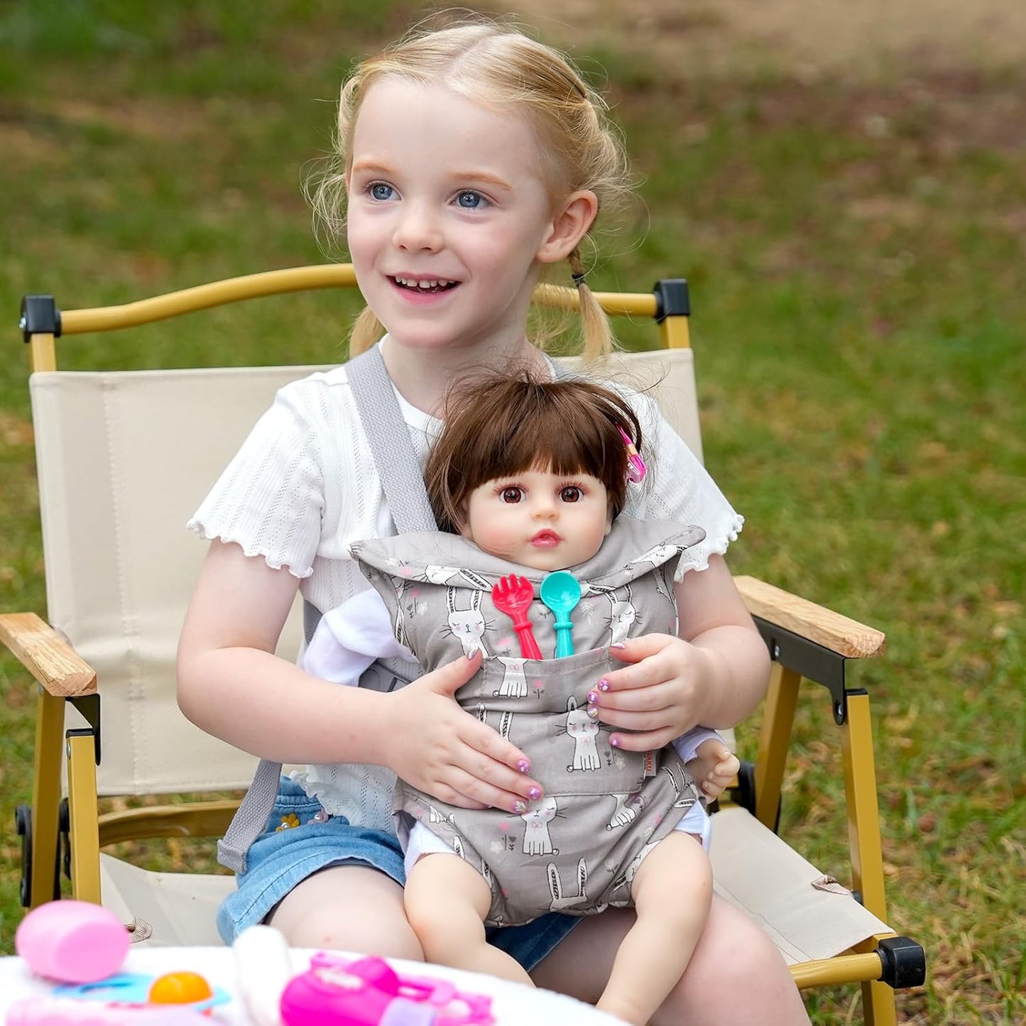 GAGAKU Baby Doll Carrier for Little Girls, Reborn Doll Accessories for Toddlers 3+ Years Old, Kids Toy Baby Dolls Sling Carrier - Pink - Moonflower