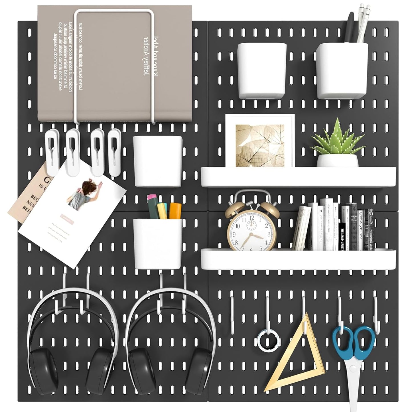 Peg Board Combination Kit, 4 Pegboards with 20 Accessories, Pegboard Wall Organizer for Office, Nursery & Home Storage, Key Holder, 25.6"x25.6" – Nail-Free Installation（White）