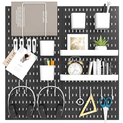 Peg Board Combination Kit, 4 Pegboards with 20 Accessories, Pegboard Wall Organizer for Office, Nursery & Home Storage, Key Holder, 25.6"x25.6" – Nail-Free Installation（White）