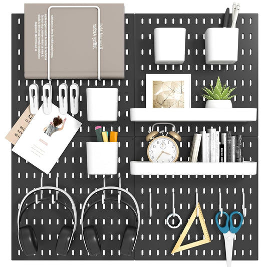 Peg Board Combination Kit, 4 Pegboards with 20 Accessories, Pegboard Wall Organizer for Office, Nursery & Home Storage, Key Holder, 25.6"x25.6" – Nail-Free Installation（White）