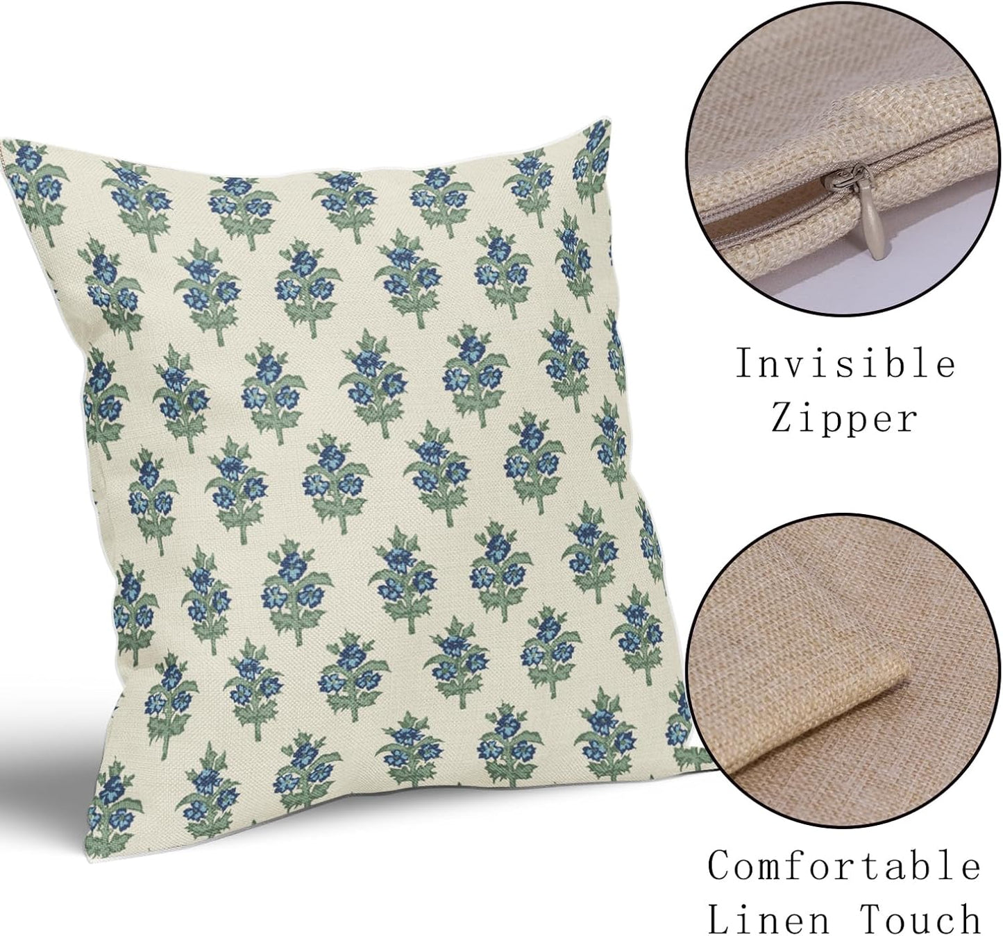 Sage Green Blue Floral Block Print Pillow Covers 18x18 Set of 2 Spring Flower Pattern Decorative Throw Pillowcases Outdoor Rustic Farmhouse Square Cushion Cases Decor for Home Couch Sofa Bed