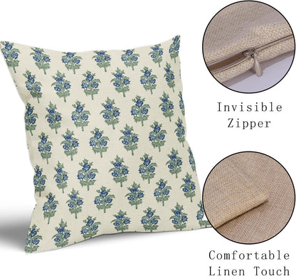Sage Green Blue Floral Block Print Pillow Covers 18x18 Set of 2 Spring Flower Pattern Decorative Throw Pillowcases Outdoor Rustic Farmhouse Square Cushion Cases Decor for Home Couch Sofa Bed