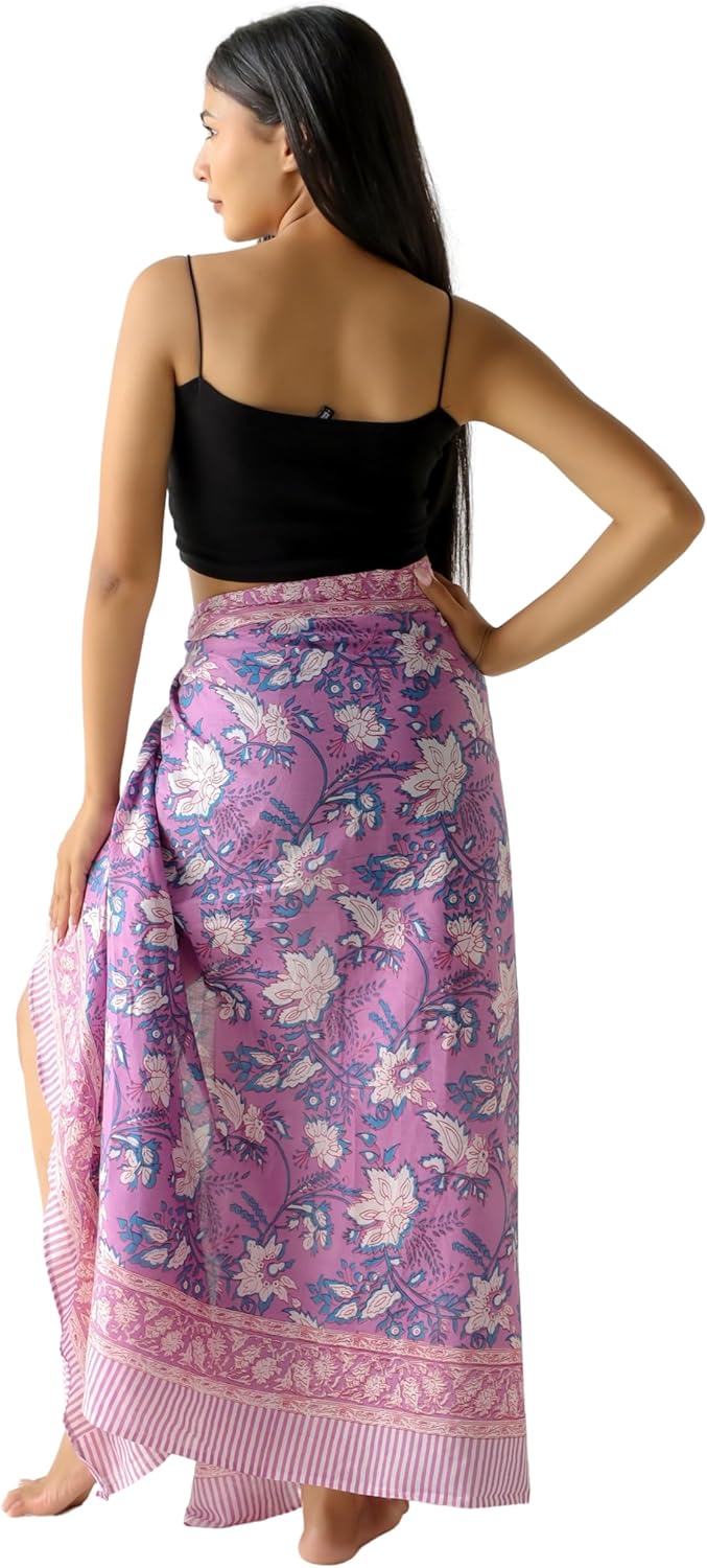 100% Cotton Sarong Cover Up for Women Indian Block Print Beach Wrap Skirt Long Boho Swimsuit Bikini Pareo (73” x 43”)