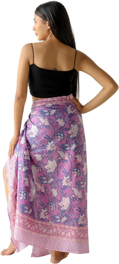 100% Cotton Sarong Cover Up for Women Indian Block Print Beach Wrap Skirt Long Boho Swimsuit Bikini Pareo (73” x 43”)