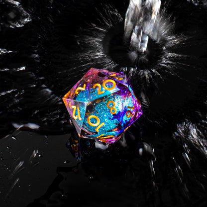 YEMEKO Beholder'S Eye D20 Dice Dragon Eye DND 22MM Single with Resin Sharp Edge 20 Sided D&D Handmade Polyhedral for Dungeons and Dragons, RPG, Roleplaying Games MTG Table Games(Blue Gold)