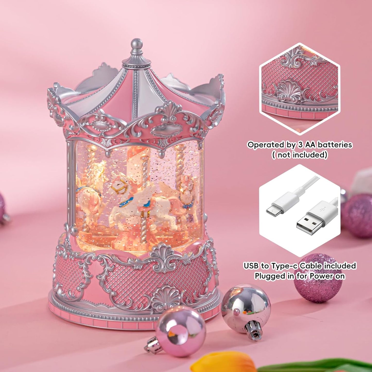 Snow Globe Lantern with Violin Girl – Shatterproof, Glitter Snowglobe 10 Songs Music Box, Led Light, USB or Battery Powered, for Girls Spring Day Gifts Birthday Home Decor Fall Decoration, Silver