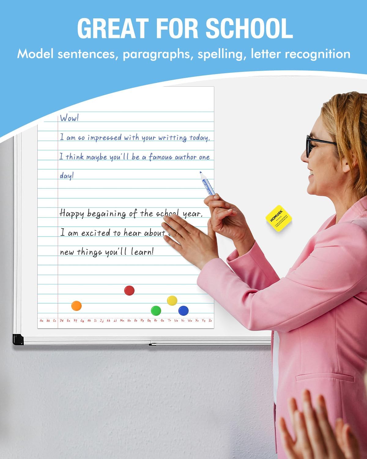 HOMiDEK Magnetic Handwriting Paper for Whiteboard - 17.5x24 in Dry Erase Writing Paper with Lines - Lined Notebook White Board with Markers, Magnet, Eraser