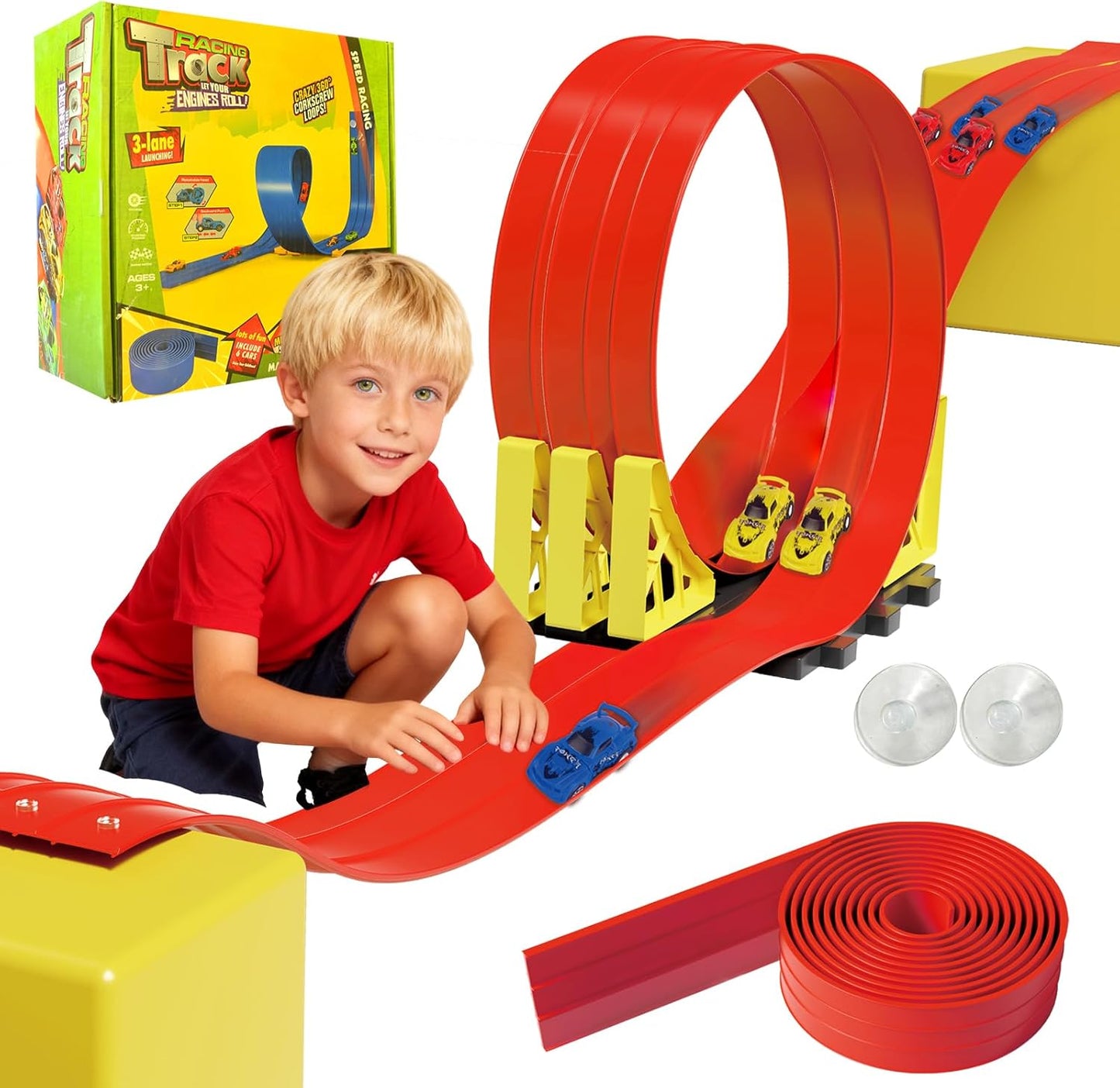 16.5ft Build Anywhere Portable Race Track with Suction Cups - Flexible Roll-Up Design Fits 1/64 Scale Cars, Portable Toy Gift for Kids 4+ Year Old (3 Tracks/Red)