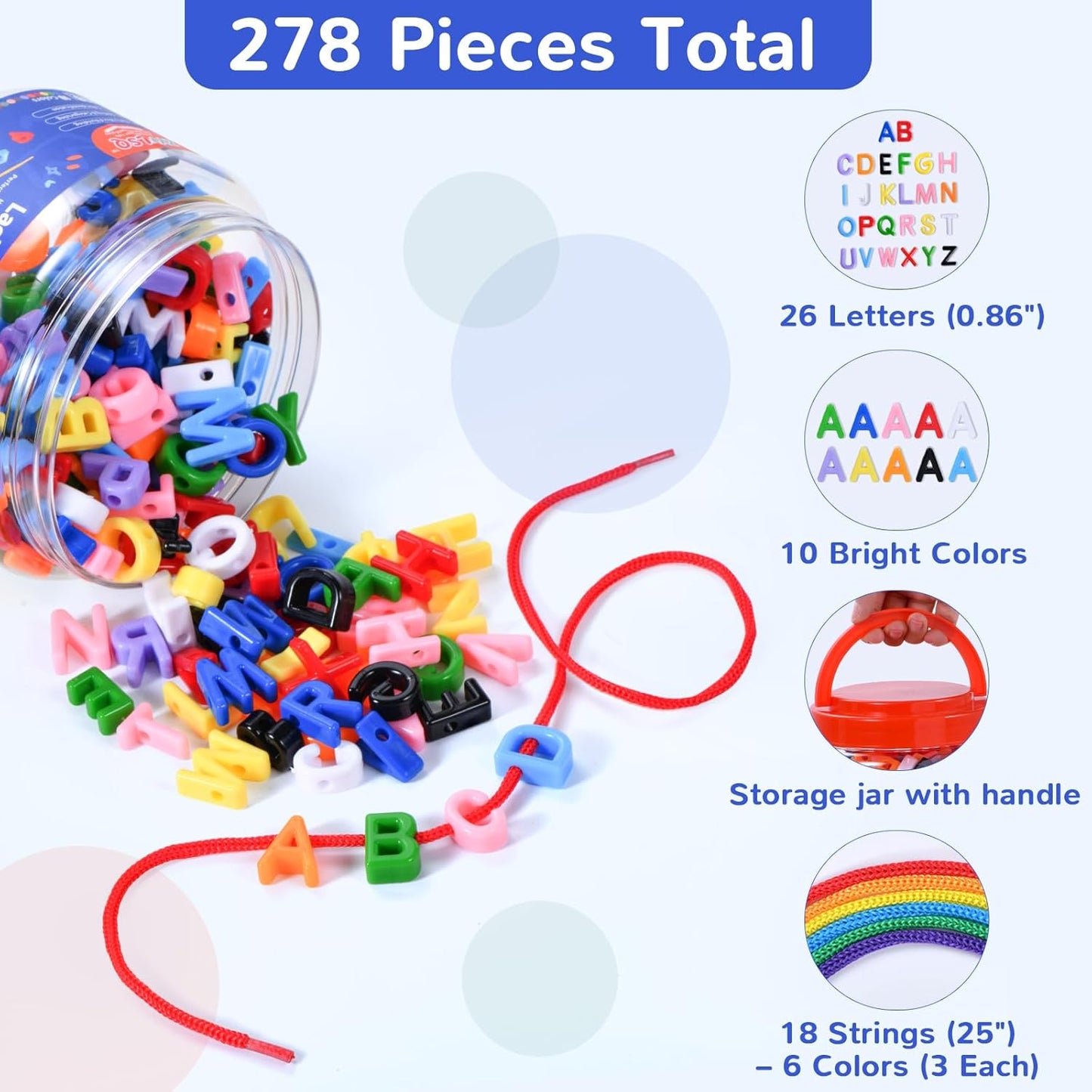 278 Pcs Lacing Letters Beads, 10 Color Alphabet Letter Beads Learning Toys with 18 Laces, Lowercase ABC Bead Letters Toys for Kids Ages 3+, Home Manipulatives for Preschoolers, Back to School Supplies