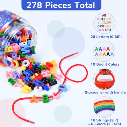 278 Pcs Lacing Letters Beads, 10 Color Alphabet Letter Beads Learning Toys with 18 Laces, Lowercase ABC Bead Letters Toys for Kids Ages 3+, Home Manipulatives for Preschoolers, Back to School Supplies