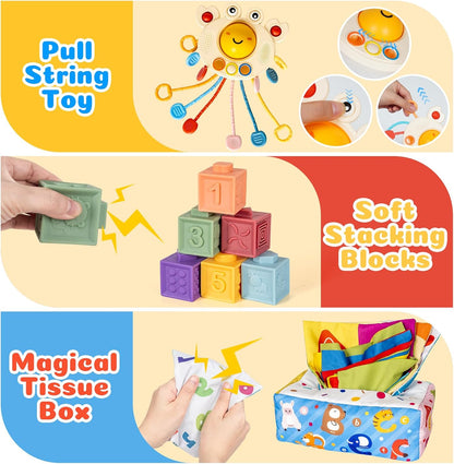 6 in 1 Montessori Toys for Babies Newborn Stacking Block Soft Infant Ring Shape Learning Sensory Bin Pull String Teething Toy Tissue Box for Toddlers 18M+ 2 3 Year Old Boy Girl Gift