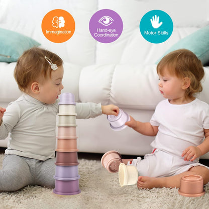 Baby Stacking Cups, Montessori Bath Toy for Toddlers 1-3, 8PCS Stackable Cups with Number Nesting Cups for Babies 6-12 Months, Early Educational Bath Outdoor Sensory Gift for 2-4 Years Old Boys Girls