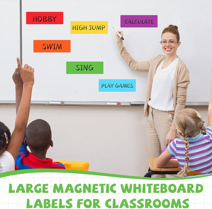 Janlaugh 12 Pcs Large Magnetic Dry Erase Labels for Classroom, 12 x 4 Inch Rectangle Magnetic Name Plates Label Flexible Magnet Stickers for Whiteboards Refrigerator(Rainbow Color,Style 1)