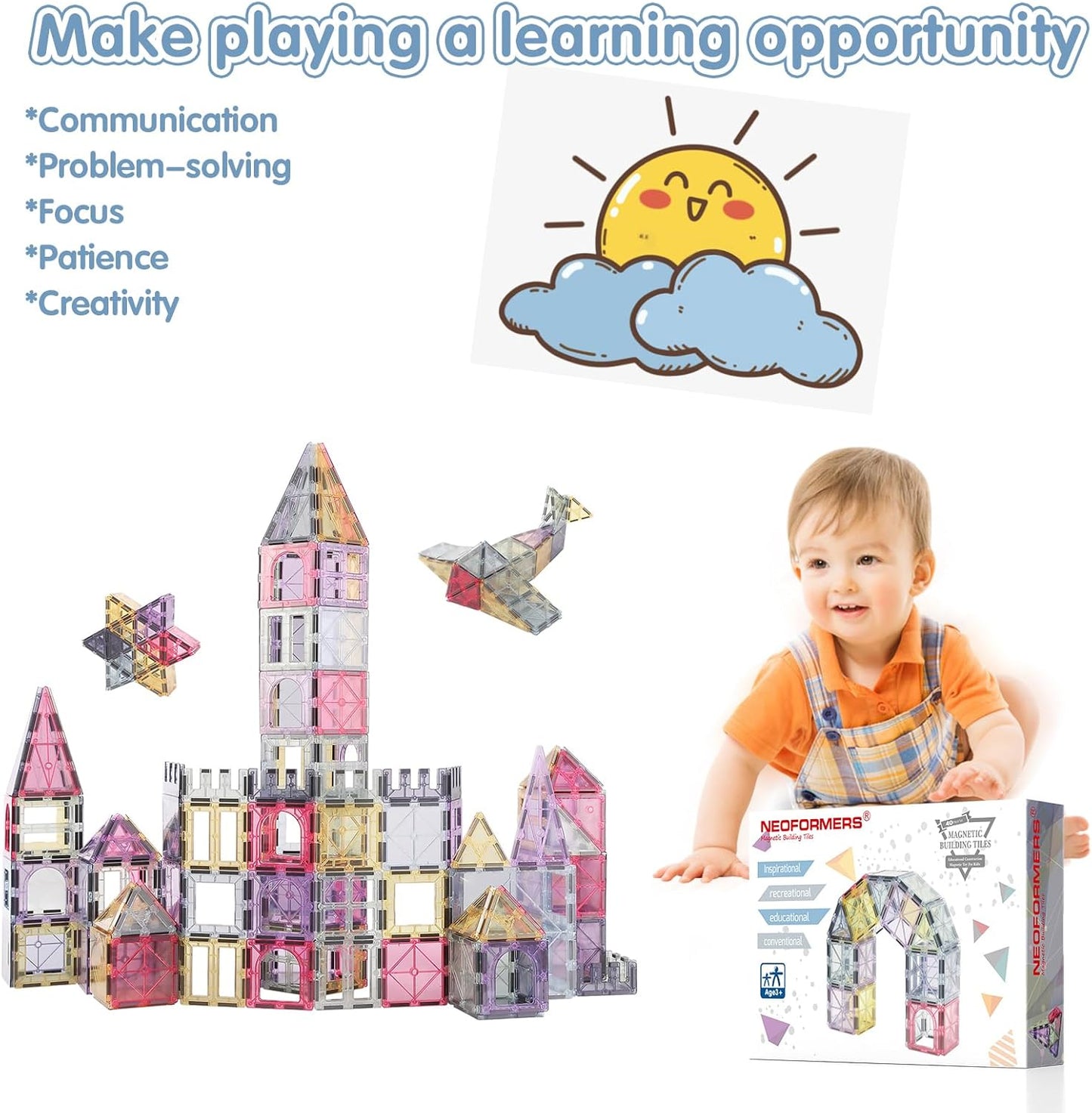 Magnetic Tiles, 96PCS Magnetic Block Toddler Toys with 2 Cars, 3D Clear Magnet Building Tiles Set, STEM Educational Toys for Kids 3-9 Years