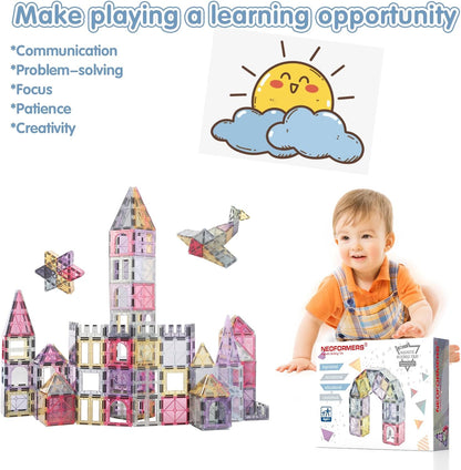 Magnetic Tiles, 96PCS Magnetic Block Toddler Toys with 2 Cars, 3D Clear Magnet Building Tiles Set, STEM Educational Toys for Kids 3-9 Years