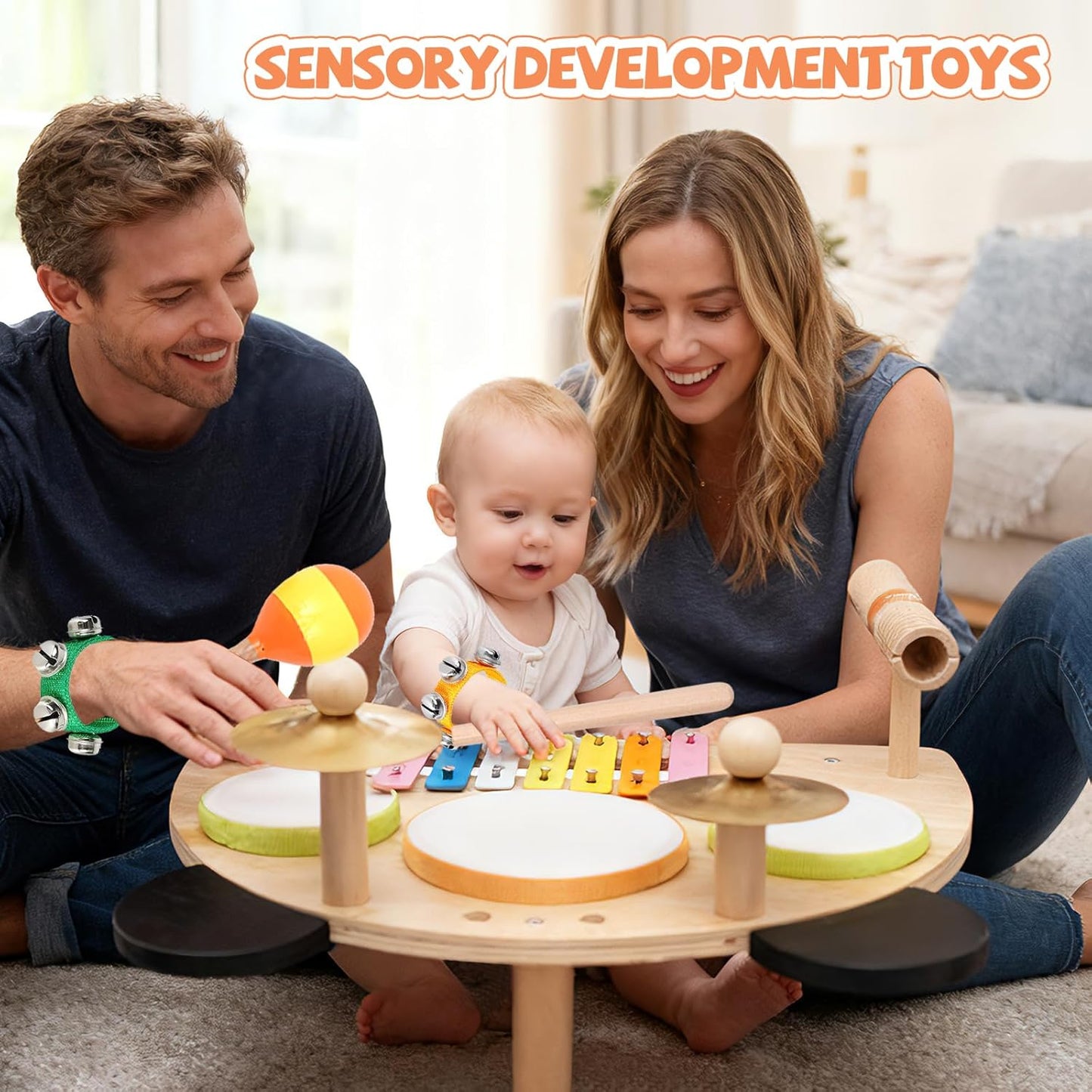 Kids Drum Set, Montessori Musical Instruments for Toddlers 1-6, Wooden Toys Montessori Music Table, Xylophone Drum Kit, Birthday for Boys Girls