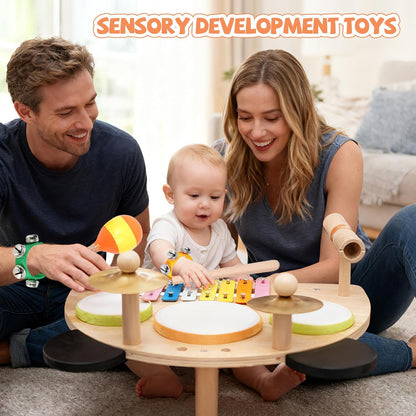Kids Drum Set, Montessori Musical Instruments for Toddlers 1-6, Wooden Toys Montessori Music Table, Xylophone Drum Kit, Birthday for Boys Girls