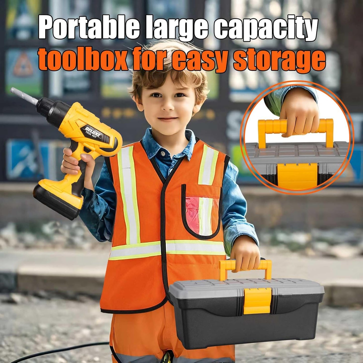 Kids Tool Set – Zealous 48 pcs Toddler Tool Set with Tool Box & Electronic Toy Drill, Pretend Play Kids Toys, Toy Construction Tools for Kids Ages 3,4,5,6,7,8 Years Old (A-Orange)