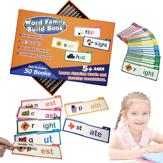 30 Read and Rhyme Flip Books, 1Set Word Family Build Book, Sight Words Flash Cards Kindergarten, Phonics Flash Cards Reading Games (1Pack)