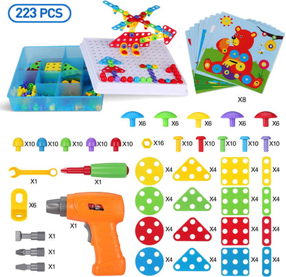 Haifeng Creative Mosaic Tool Kit with Electric Drill, 223PCS STEM Drill Set 3D Building Blocks for Kids, Montessori Educational Construction Toys, Birthday Gift for Boys Girls Ages 3 4 5 6 7 8 10