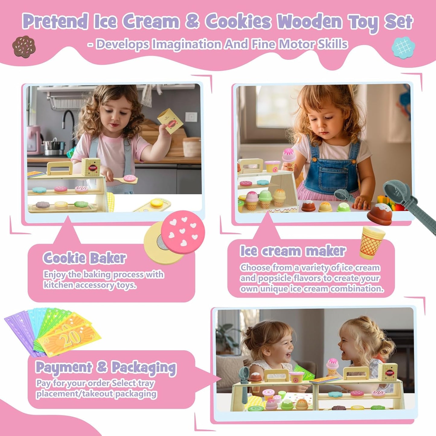 SIMPLIPLAY 2 in 1 Portable Wooden Ice Cream Toy & Cookie Play Set (63pcs), Slice and Bake Cookies, Scoop and Serve Ice Cream Counter with Pretend Play Food, Play Kitchen Accessories, Kids Gift Ages 3+