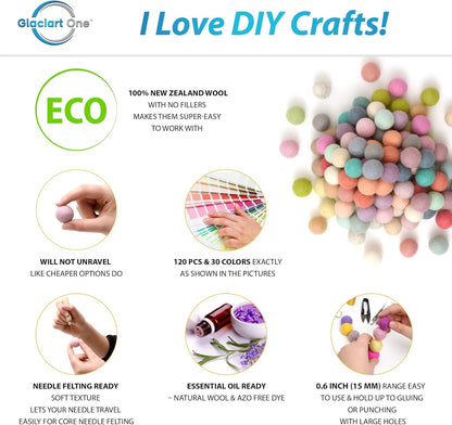 Glaciart One Felt Pom Poms, Wool Felt Balls with Swirls & Dots (90 Pieces) 2 cm – 0.8 Inch, Handmade Felted 30 Color Pastel Bulk Small Puff for Felting and Garland