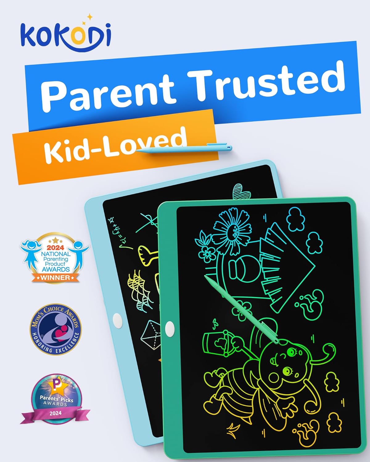 KOKODI LCD Writing Tablet, 12 Inch Colorful Toddler Doodle Board Drawing Tablet, Erasable Reusable Electronic Drawing Pads, Educational and Learning Toy for 3-6 Years Old Boy and Girls(Blue)