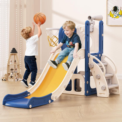 Babytronic Toddler Slide, 6 in 1 Kids Indoor Slide for Toddlers 1-3, Baby Indoor and Outdoor Climber Playset, Kids Slide with Basketball Hoop and Telescope, Toddler Outdoor Playground (Blue&Yellow)