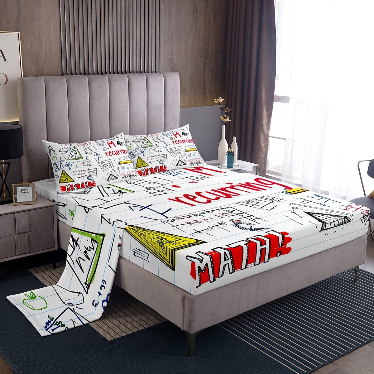 Erosebridal Science Theme Bed Sheets Set Full Size for Boys Girls Chemistry Periodic Table Print Sheet Set Chemical Subject Theme Sheets Teens Kids Math Science Atyle Fitted Sheet 4 Pcs