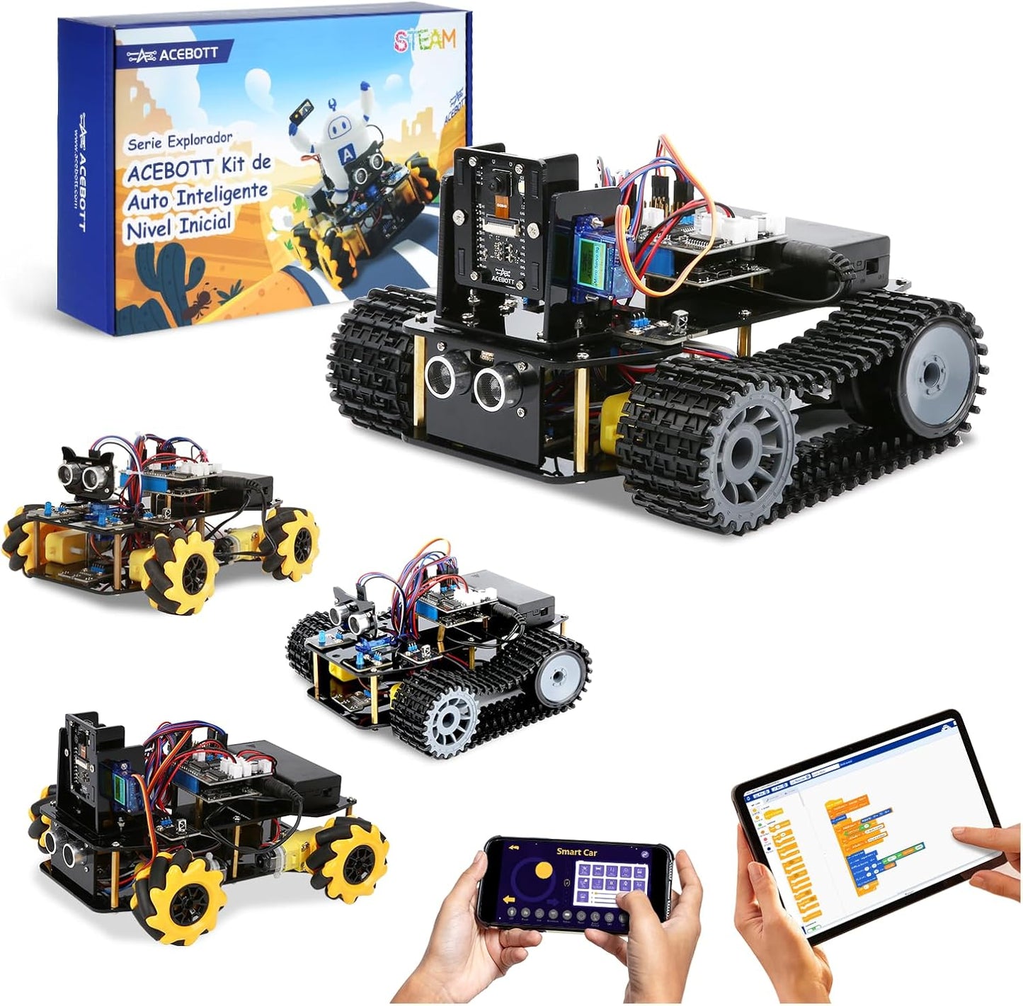 Robotics for Kids Ages 12-16, ACEBOTT 4 in 1 Smart Robot Arm with 5DOF + Tank Car, STEM Toys Coding Kit Compatible with Arduino & Scratch, App & Remote Control, for Kids & Teens