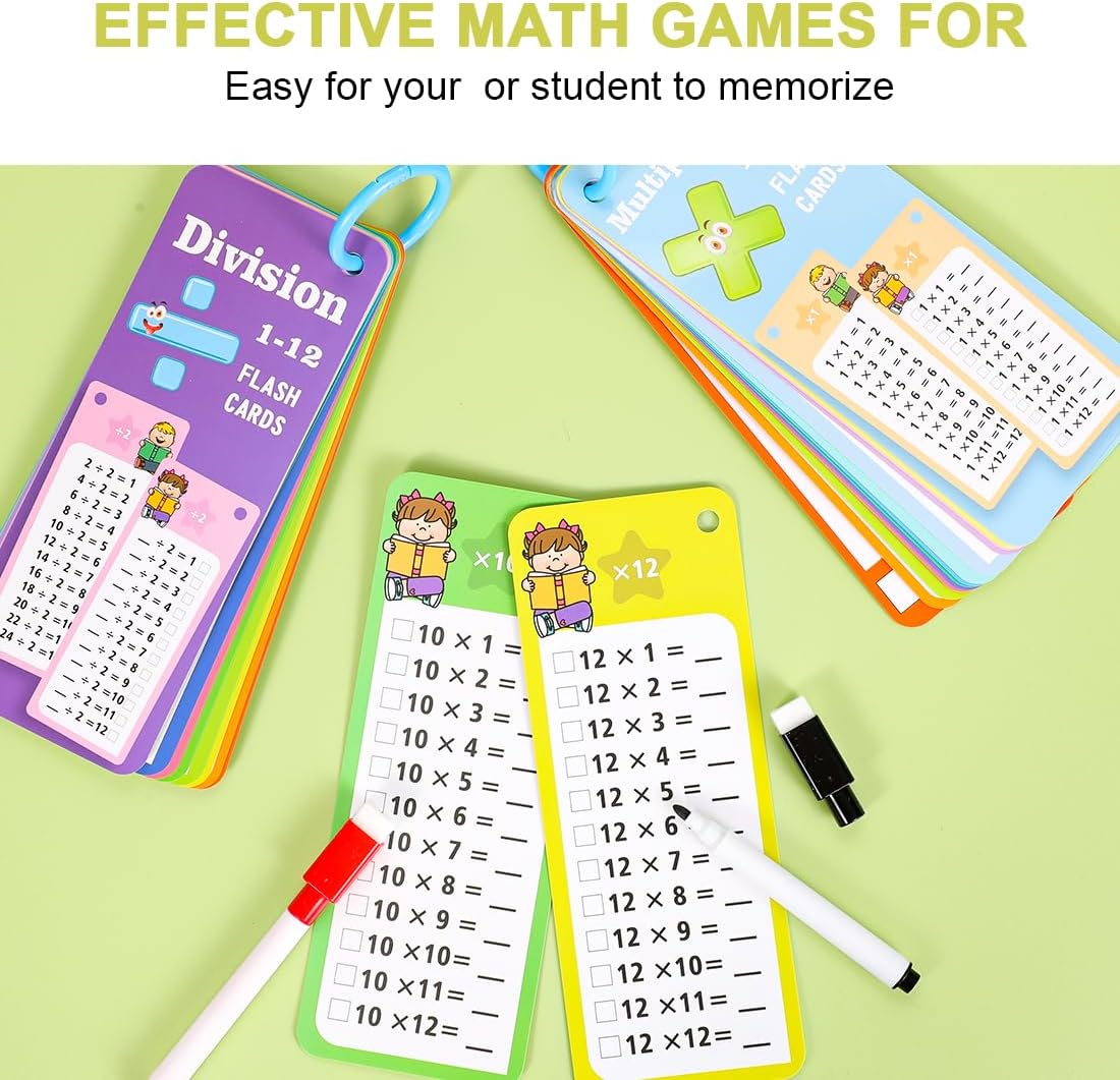 Multiplication and Division Flash Cards 30Pcs 0-12 Times Table Math Division Flash Cards with 4 Dry Erase Markers and 2 Rings for 1st to 3rd Grade Classroom Home