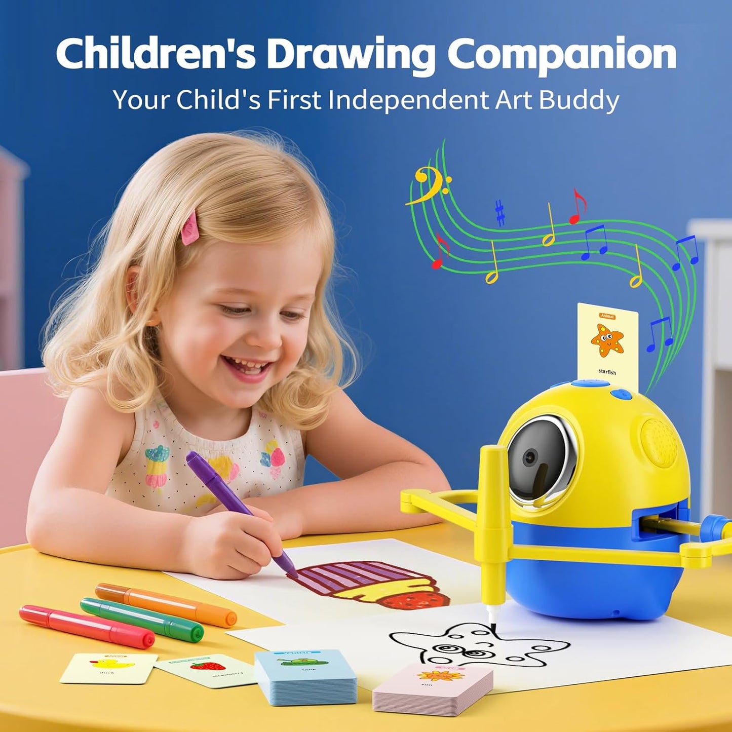 Drawing Robot for Kids with Camera Recognition, Interactive Educational Drawing Machine with 150 Cards, Montessori Painting Learning Toys for Ages 3+, Birthday for Boys Girls (Yellow)