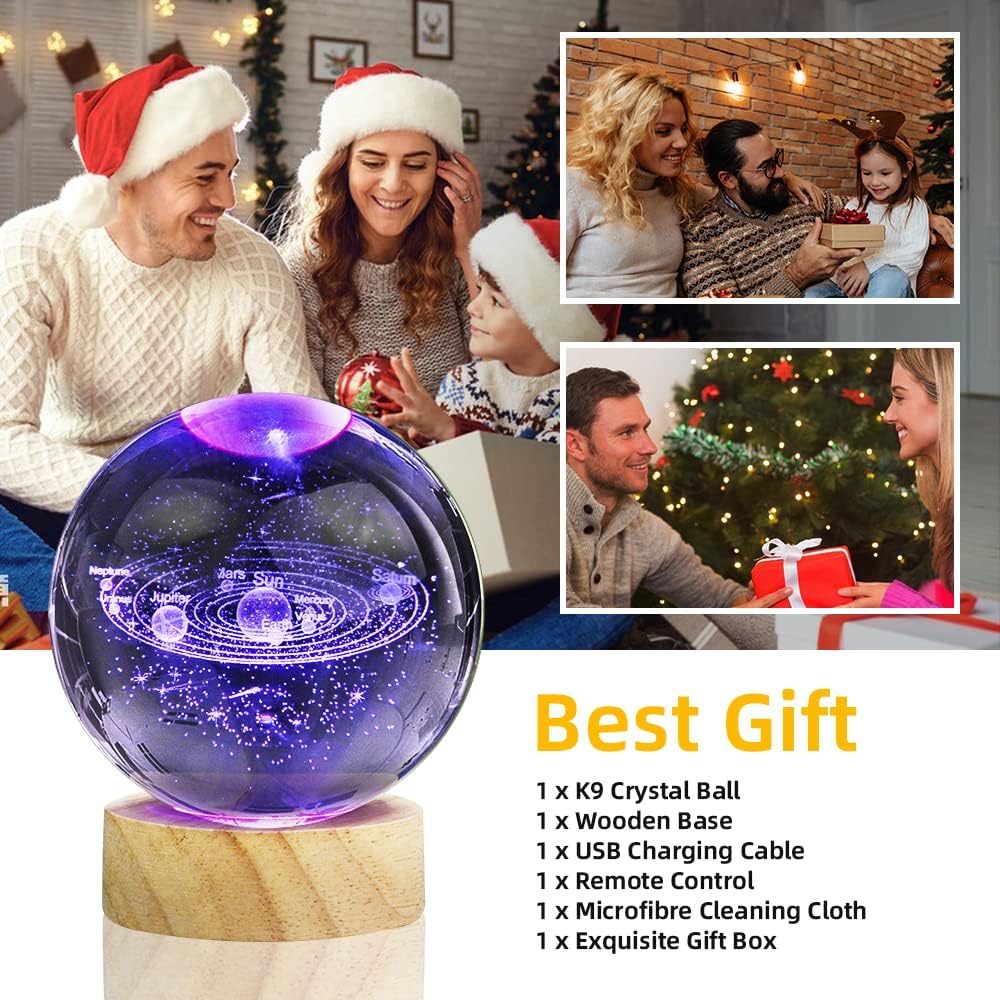 3D Solar System Crystal Ball Night Light with 16 Color LED Wooden Base, Upgraded 3.15 Inch Galaxy Planets Glass Ball Lamps with Remote for Birthday Christmas, Astronomy Space Gifts for Boys Girls