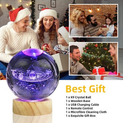 3D Solar System Crystal Ball Night Light with 16 Color LED Wooden Base, Upgraded 3.15 Inch Galaxy Planets Glass Ball Lamps with Remote for Birthday Christmas, Astronomy Space Gifts for Boys Girls