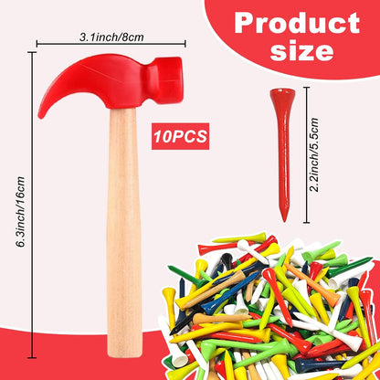 10 Pcs Kids Wooden Hammer Toy with 100 Pcs Colorful Wood Golf Tees, Small Plastic Hammer Simulation Hammers Educational Toys for Children Gift Birthday Party (Red and Green)