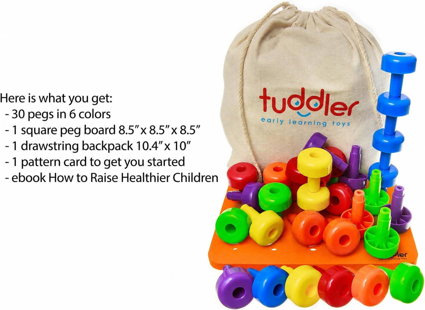Toddler Peg Board Sensory Montessori Fine Motor Skills Educational Toys - 30 Stackable Pegs + Pattern Card + Drawstring Backpack + E-Book