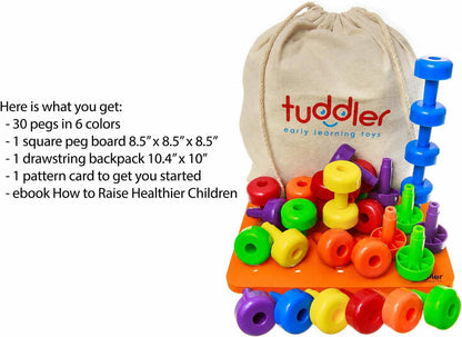 Toddler Peg Board Sensory Montessori Fine Motor Skills Educational Toys - 30 Stackable Pegs + Pattern Card + Drawstring Backpack + E-Book