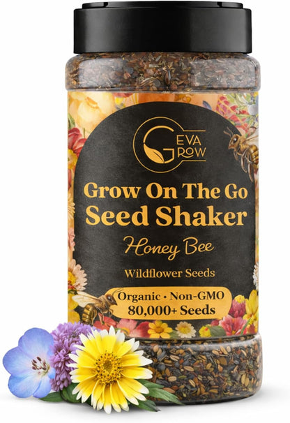 Mini Wildflower Seed Shaker - Save The Bees Seed Mix, by GevaGrow | 80,000+ Seeds | Pollinator & Bee Attracting Flower Seeds Bulk for Planting in Pots & Outdoor Gardens | 2 Ounce