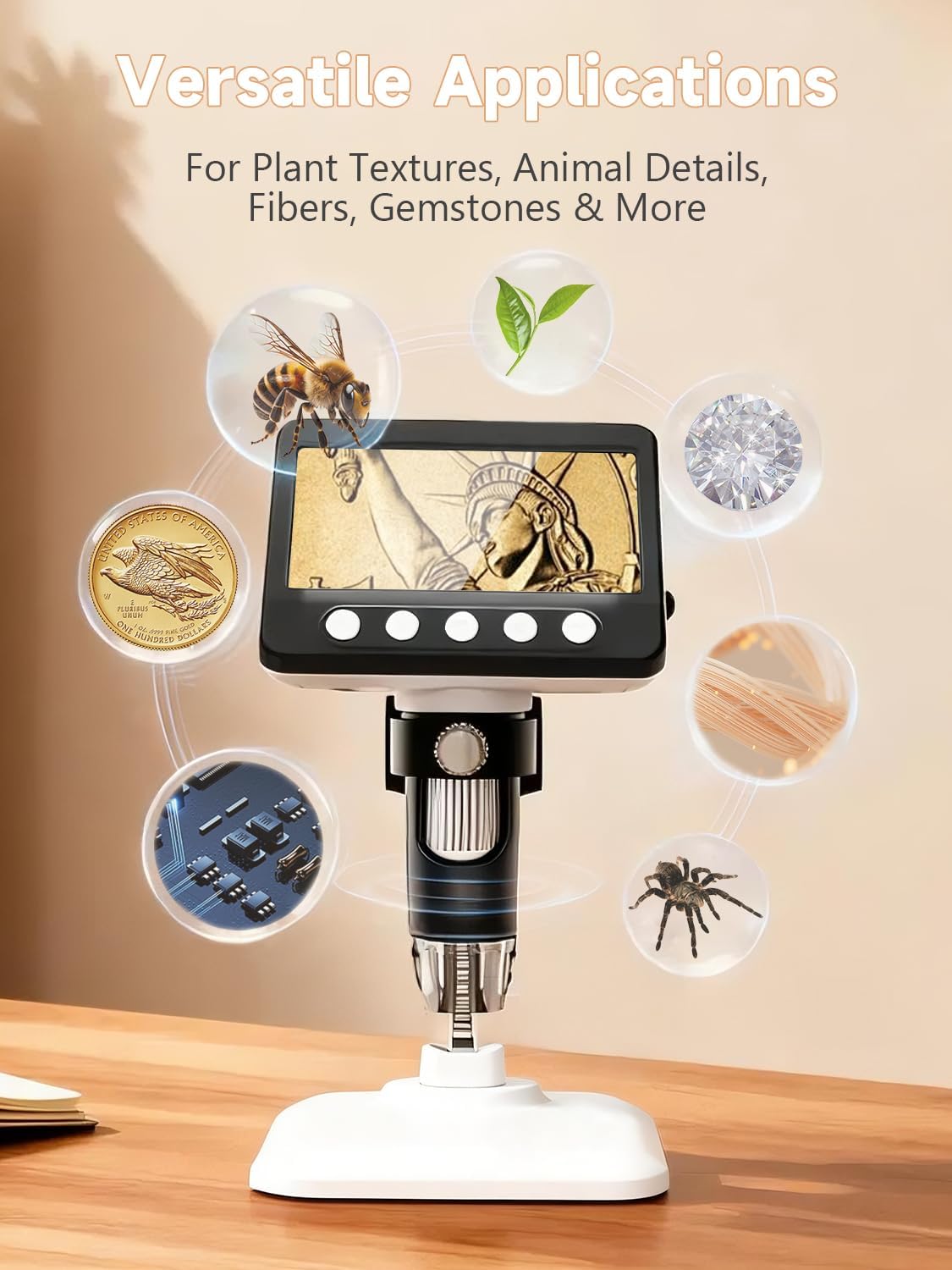 Coin Microscope, 4.3" LCD USB Digital Microscope 1000X Coin Magnifier with 8 Adjustable LED Lights, 1080P PC View Compatible with Windows/MacBook for Adults Kids