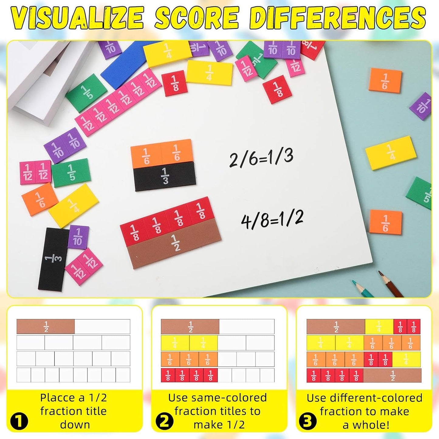 Sayglossy 48 Sets Fraction Tiles Set for Math Classroom Fractions Manipulatives Math Learning Manipulatives for Home School Supplies