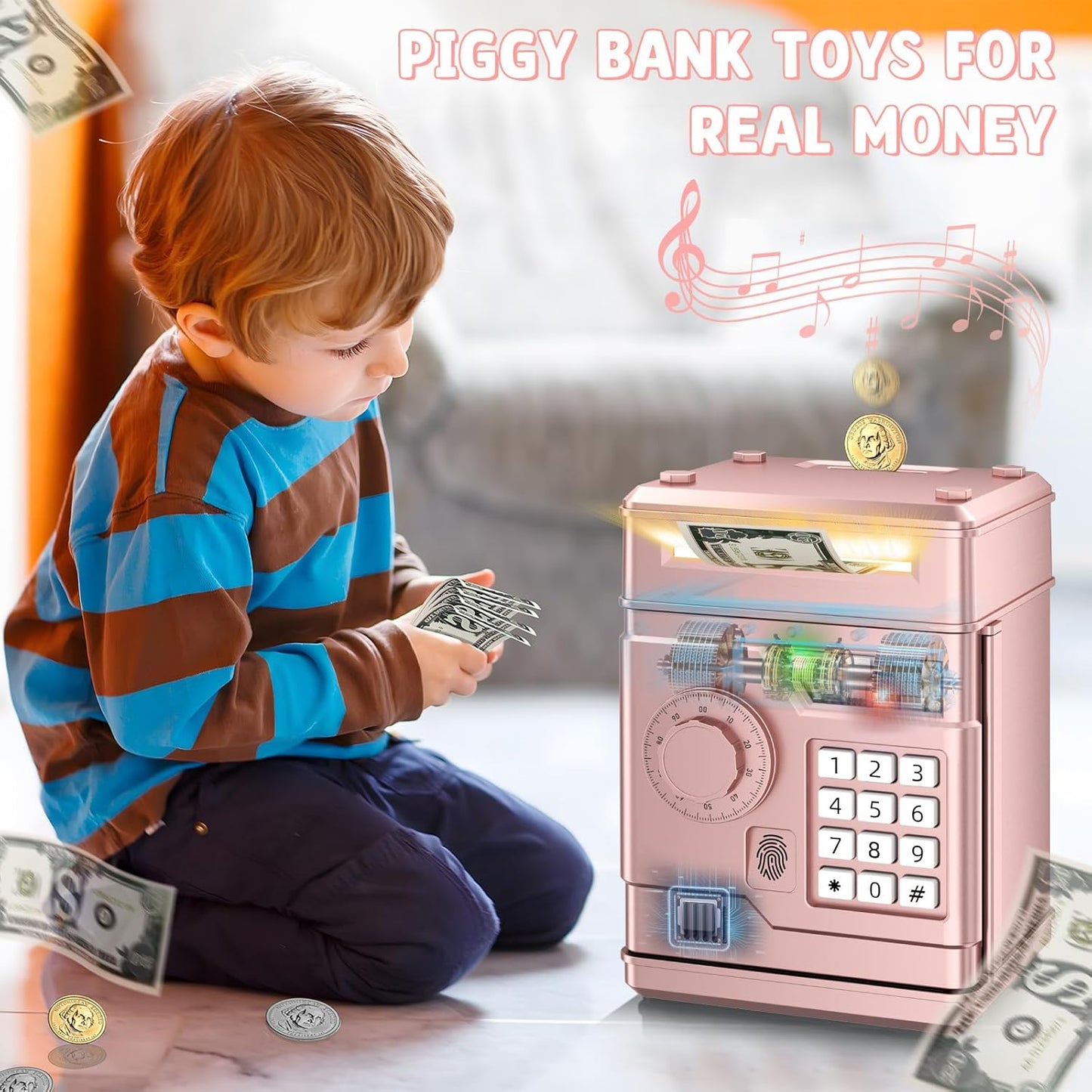 Piggy Bank, Automatic Electronic Piggy Bank for Kids Boys Girls with Password and Fingerprint Unlocking Simulation, Money Bank Kids Safe Toys for 3 4 5 6 7 8 9 10 Year Old Boy Girl (Black)