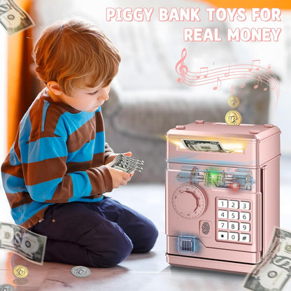 Piggy Bank, Automatic Electronic Piggy Bank for Kids Boys Girls with Password and Fingerprint Unlocking Simulation, Money Bank Kids Safe Toys for 3 4 5 6 7 8 9 10 Year Old Boy Girl (Black)