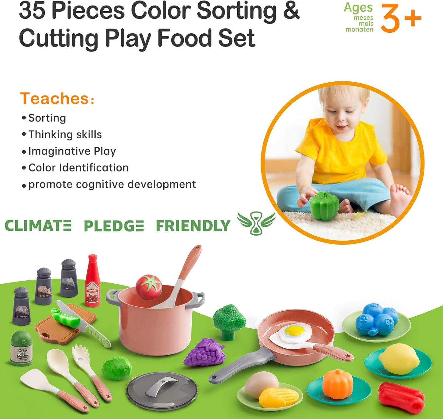 150Pcs Kitchen Playset, Toddlers Pretend Cooking Cookware Accessories, Food, Picnic Blanket, Fruits, Veges, 2Pack Shopping Storage Basket, Dessert and Prop Money, Gift for Kids (Pink)